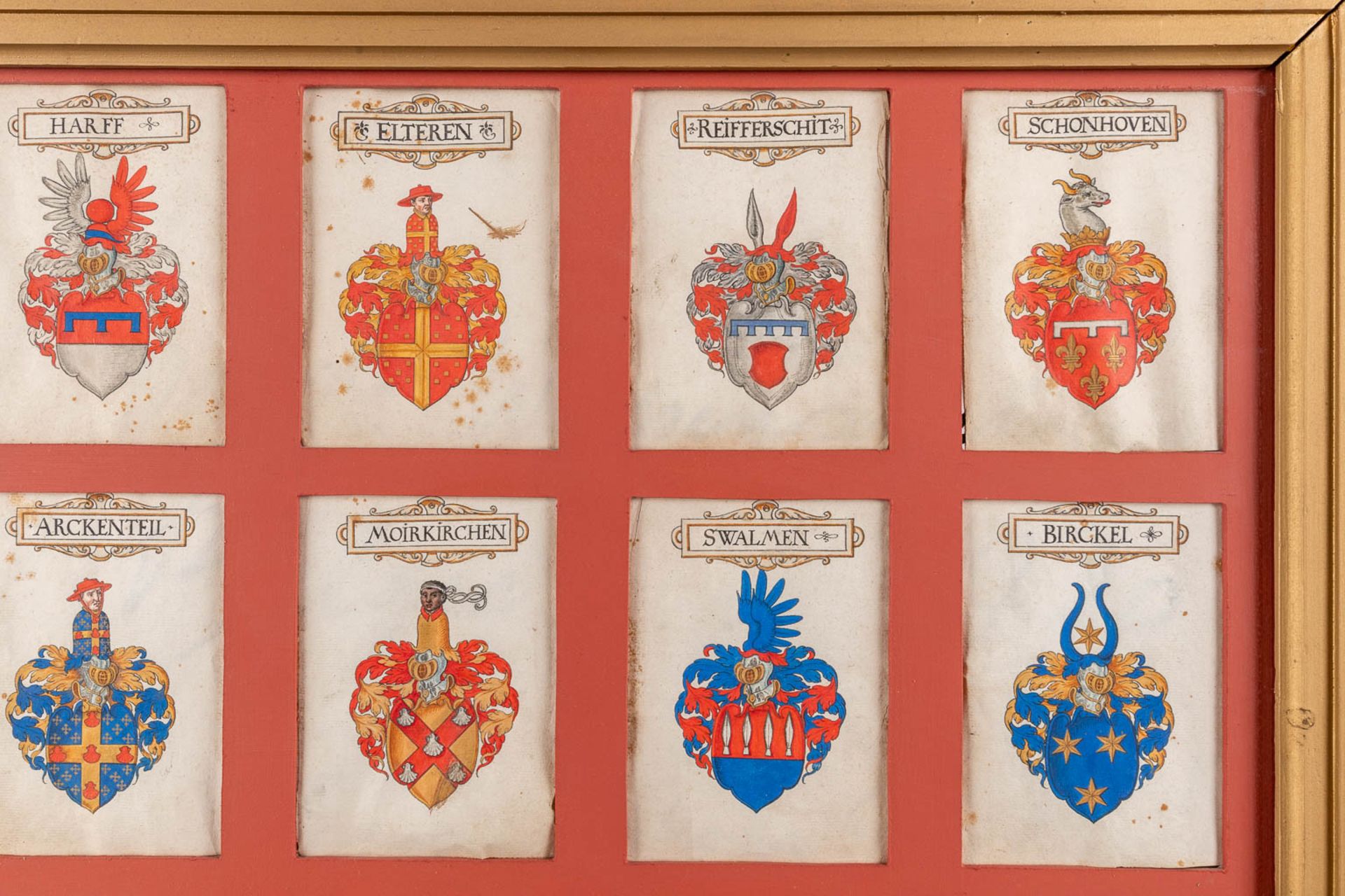 A frame with 24 hand-painted family crests and coat of arms , oil on paper. (W:98 x H:83 cm) - Image 6 of 9