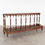 An antique, wood-sculptured prayer bench. 19th C. (D:49 x W:198 x H:91 cm)