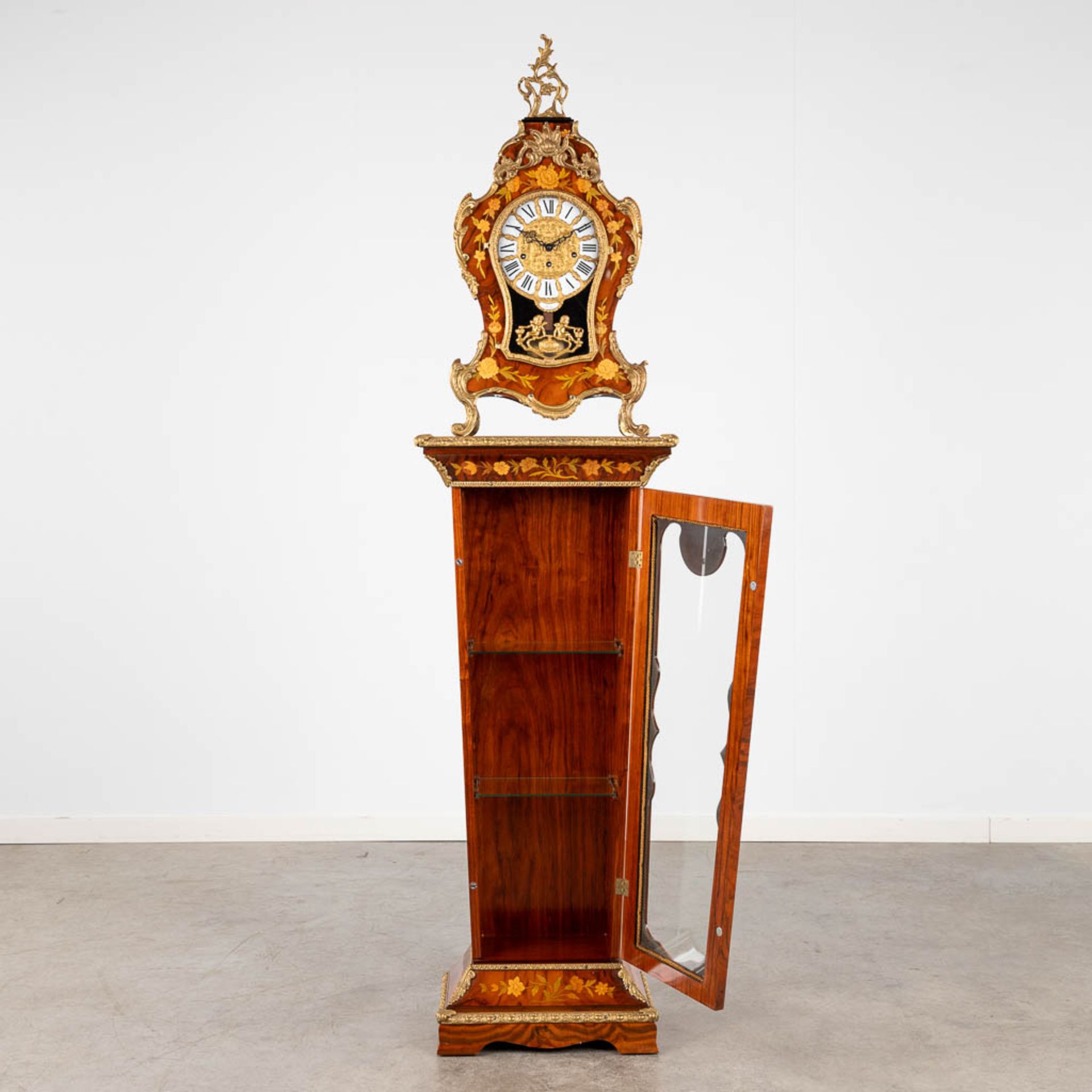 A Cartel clock on a matching pedestal, marquetry inlay and mounted with bronze. 20th C. (D:25 x W:48 - Image 3 of 18