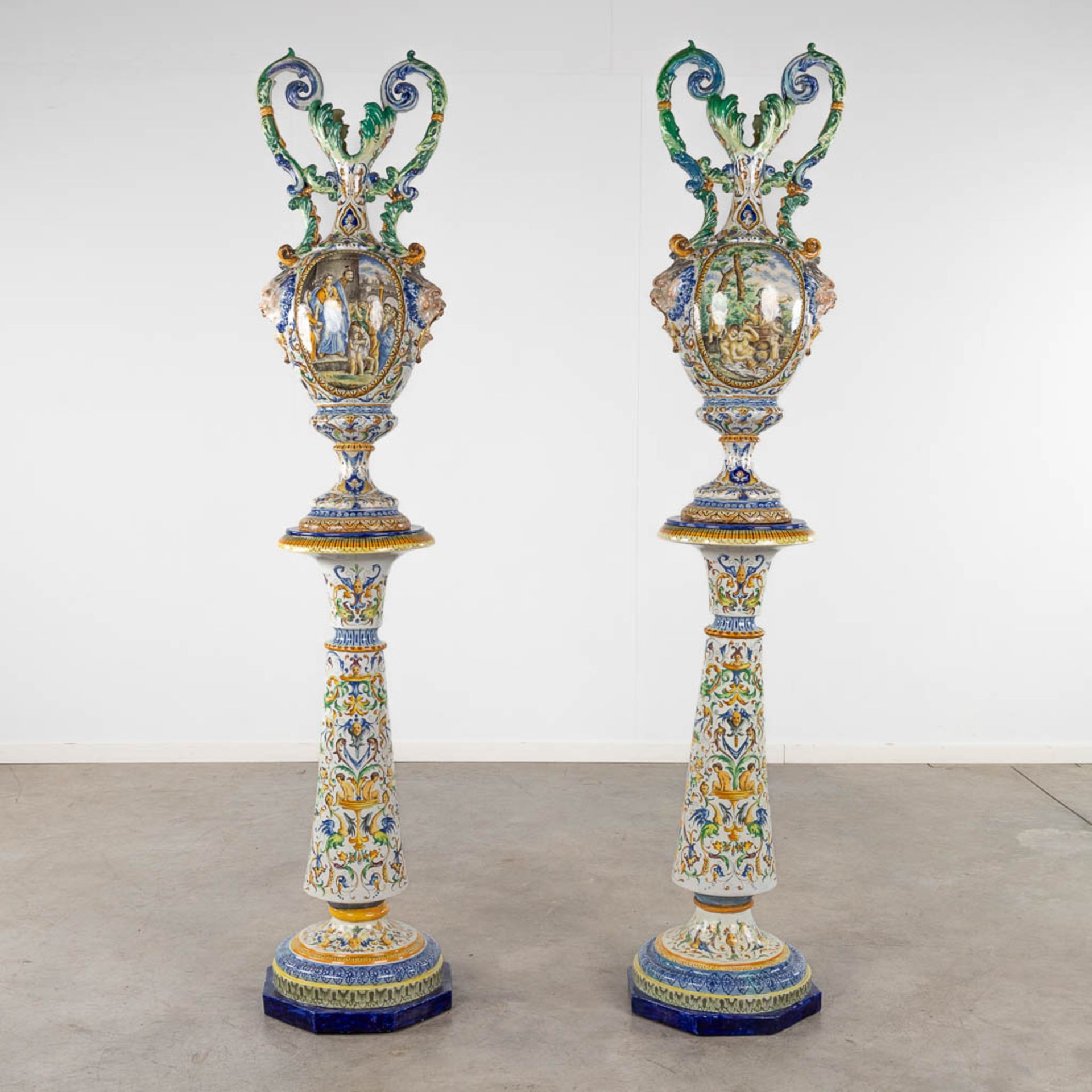 A pair of large vases, Italian Renaissance style, glazed faience. 20th C. (D:45 x W:45 x H:205 cm)