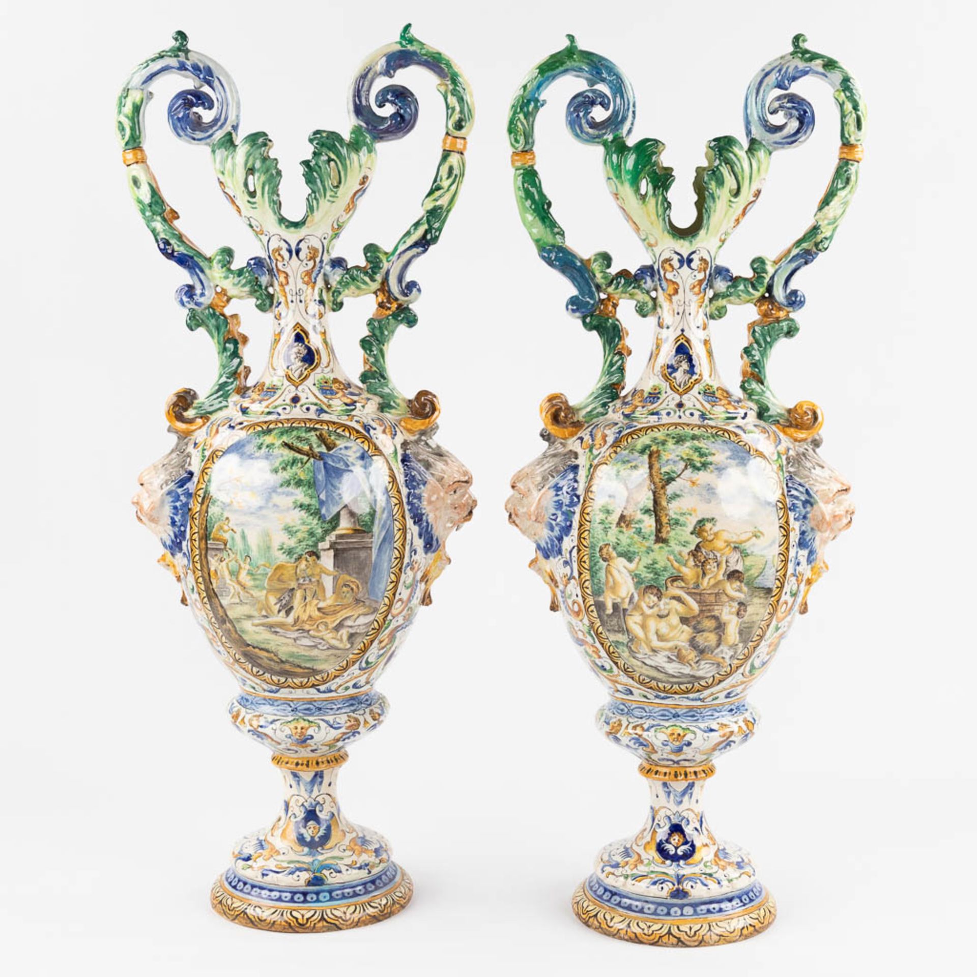 A pair of large vases, Italian Renaissance style, glazed faience. 20th C. (D:45 x W:45 x H:205 cm) - Image 5 of 31
