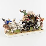 Volkstedt, a porcelain horse drawn carriage group, polychrome porcelain. 20th C. (D:20 x W:48 x H:27