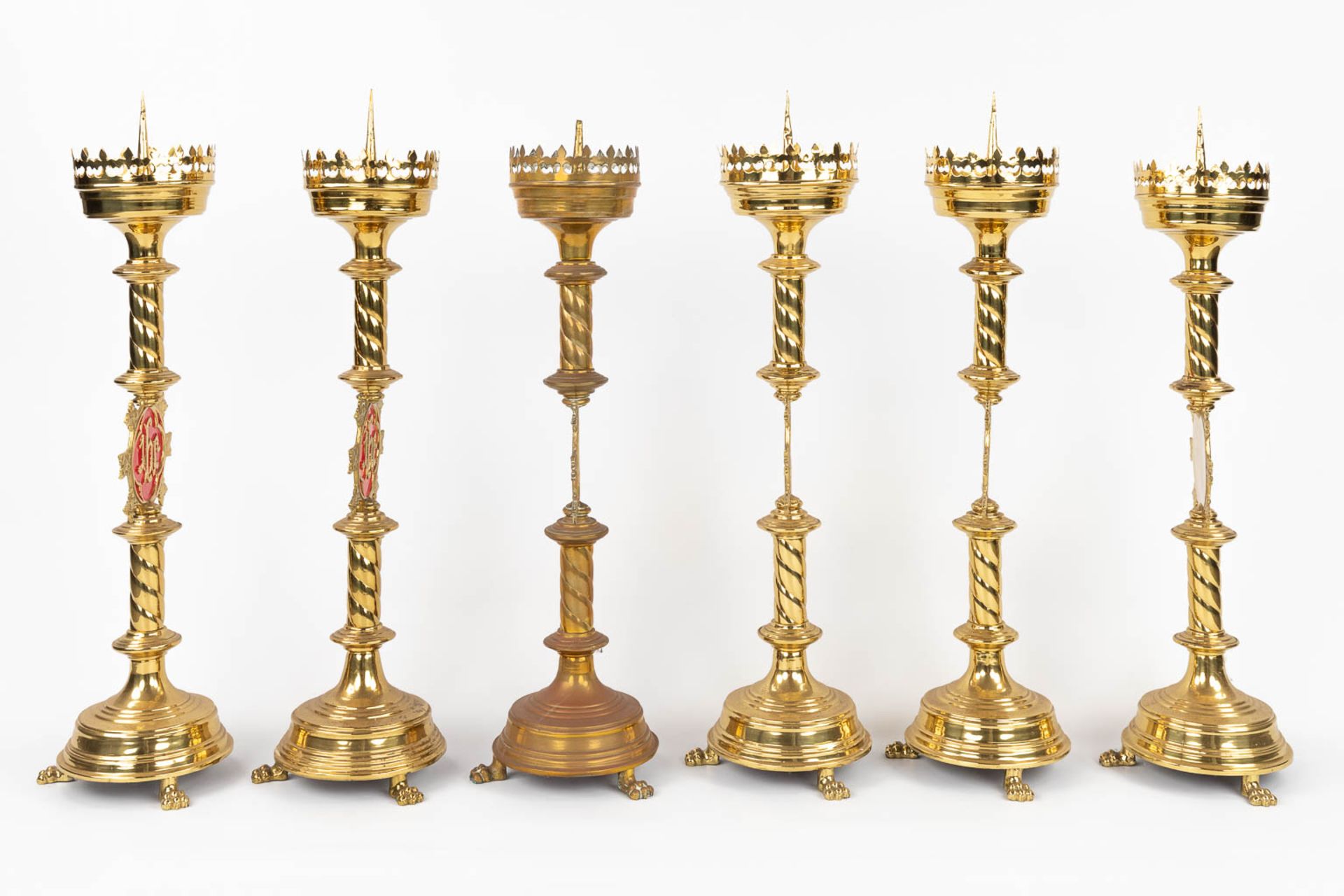 A set of 6 Church candlesticks with red IHS logo. (H:72 x D:20 cm) - Image 4 of 13