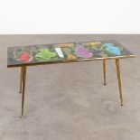 A mid-century coffee table with ceramic tile top, signed 'C. Le Savigny'. (D:47 x W:109 x H:48 cm)