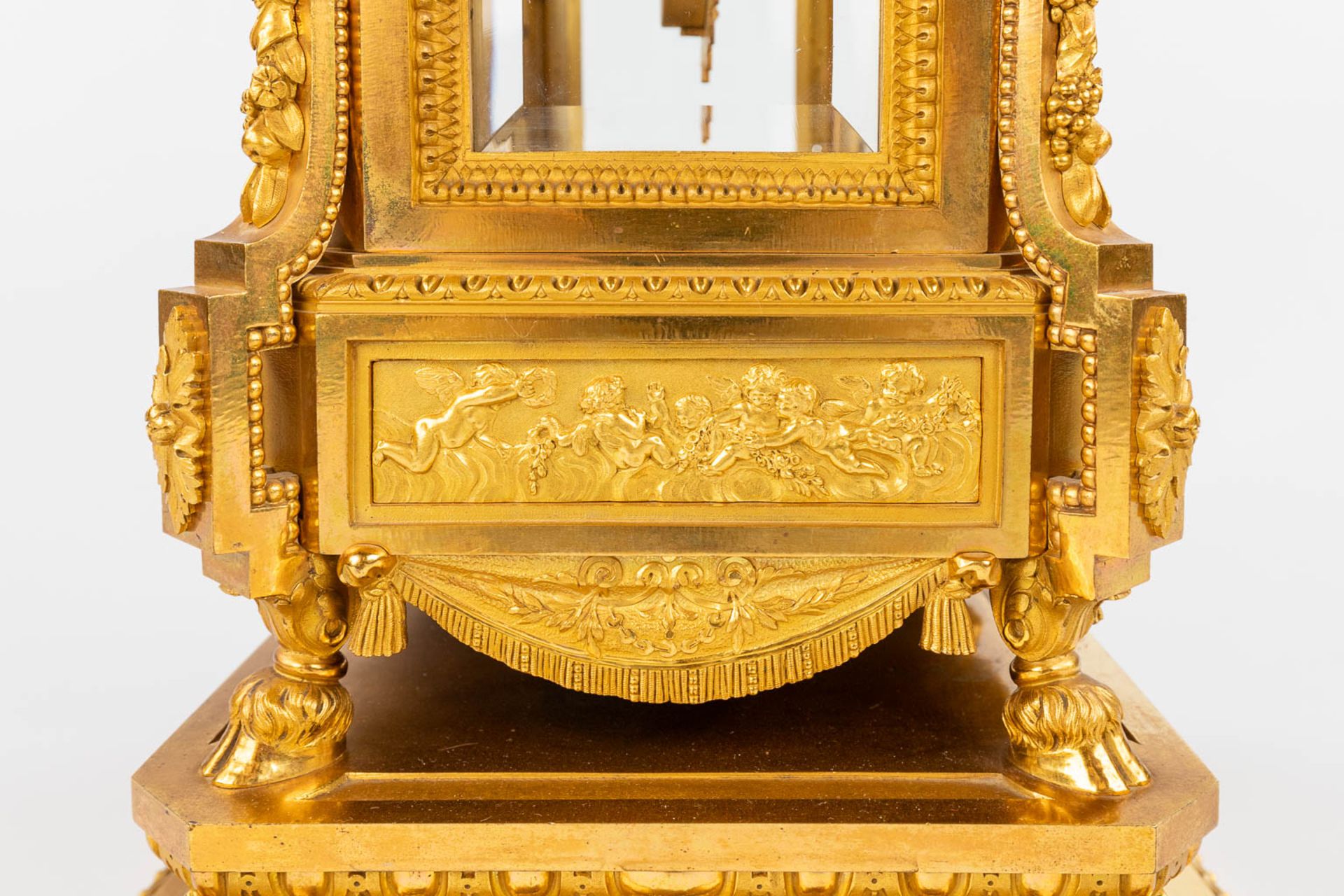 An imposing three-piece mantle garniture clock and candelabra, gilt bronze in Louis XVI style. Maiso - Image 12 of 38