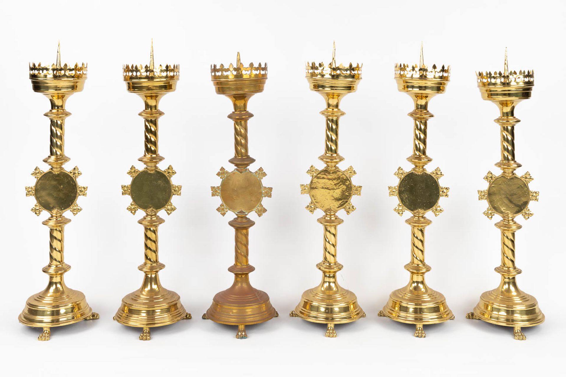 A set of 6 Church candlesticks with red IHS logo. (H:72 x D:20 cm) - Image 5 of 13