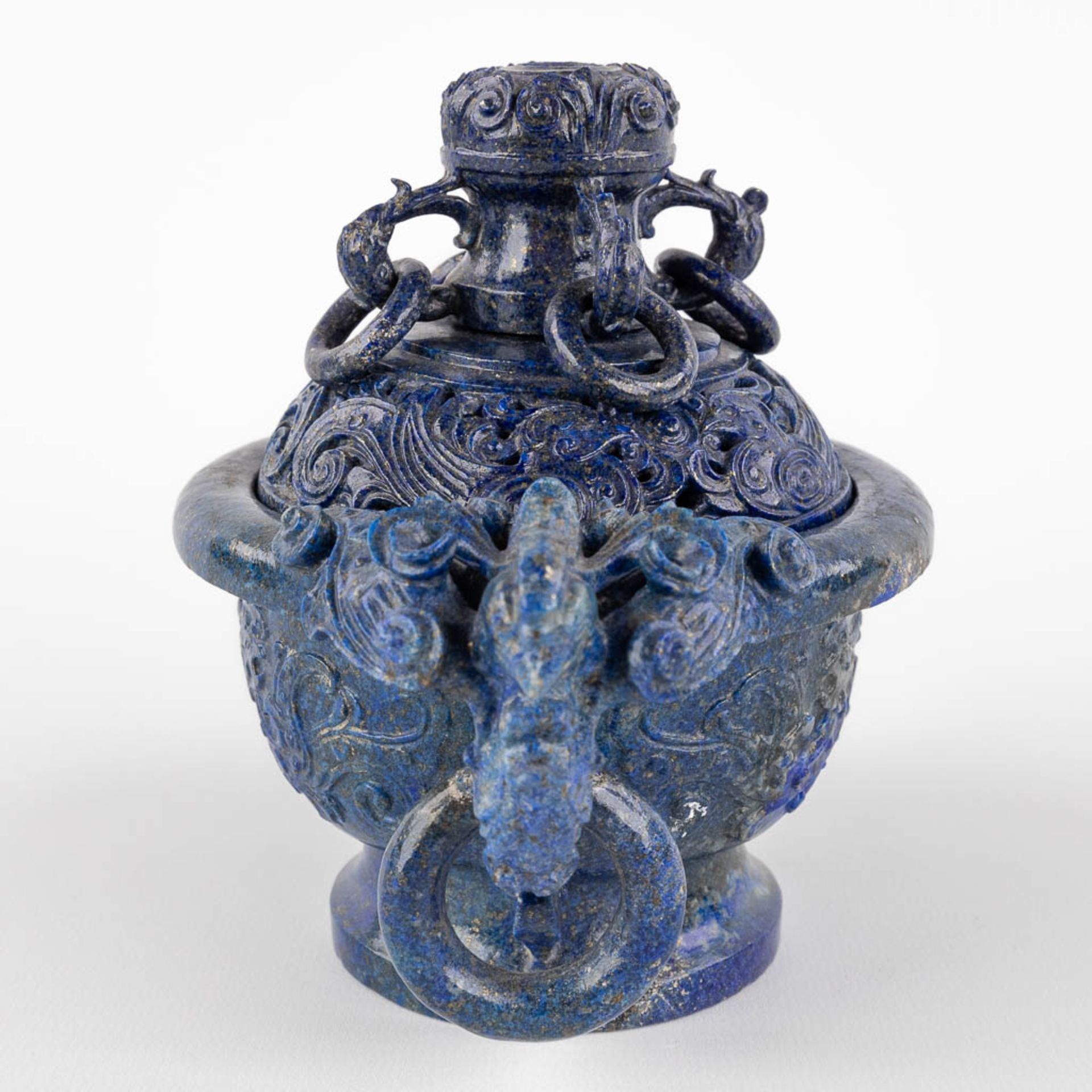A Chinese censer, sculptured Lapis Lazuli, decorated with birds and flowers. (D:11 x W:17 x H:14 cm) - Image 4 of 11