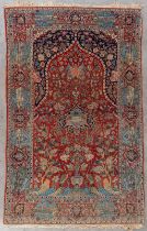 An Oriental hand-made figurative carpet with images of buildings, fauna and flora. (D:203 x W:134 cm