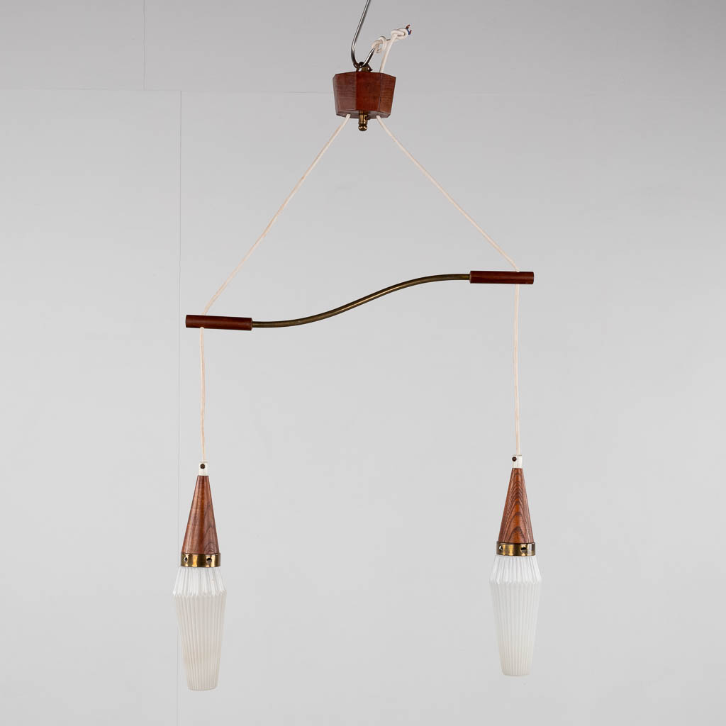 A mid-century Scandinavian ceiling lamp, wood, metal and glas. (W:56 x H:85 cm)