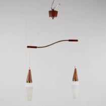 A mid-century Scandinavian ceiling lamp, wood, metal and glas. (W:56 x H:85 cm)