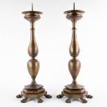 A pair of large antique and bronze candle sticks or candle holders. 19th C. (H:74 x D:28 cm)
