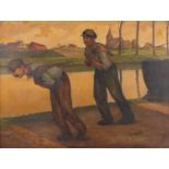A. DE BRUYNE (XIX) 'Two men pulling a ship' oil on canvas. (W:100 x H:70 cm)