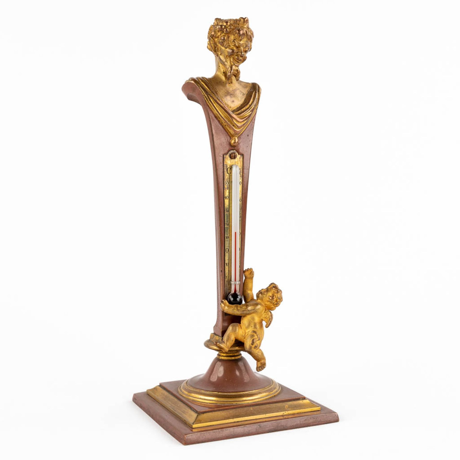An antique thermometer, patinated bronze, decorated with a Satyr figurine and a putto. 19th C. (D:8 - Image 3 of 10