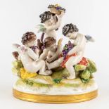 Volkstedt-Rudolstadt, a polychrome porcelain group with angels. 20th C. (D:18 x W:24 x H:26 cm)