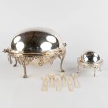 A large Chafing Dish, Caviar storage box and 6 mother of pearl spoons. Silver-plated metal. (D:22 x