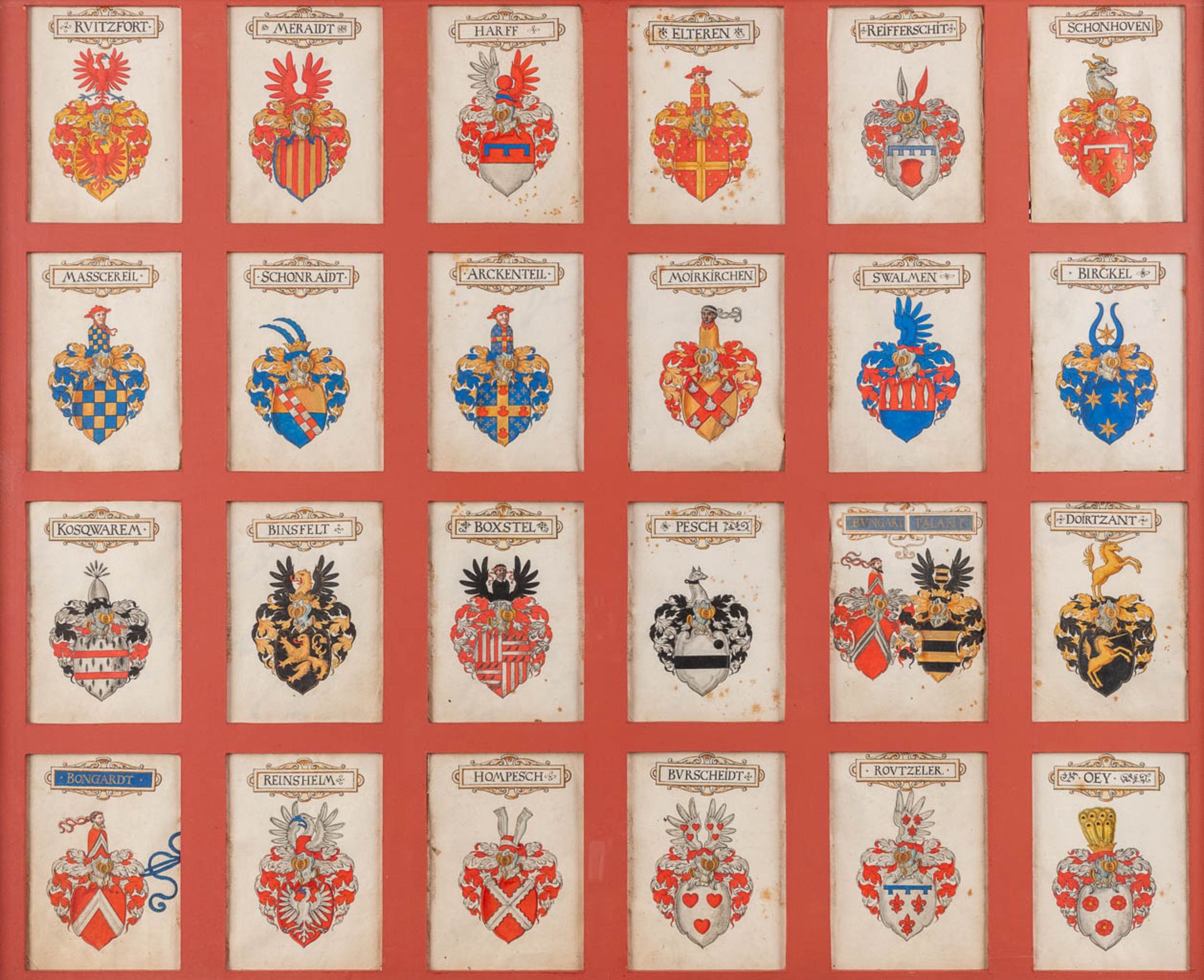 A frame with 24 hand-painted family crests and coat of arms , oil on paper. (W:98 x H:83 cm) - Image 3 of 9
