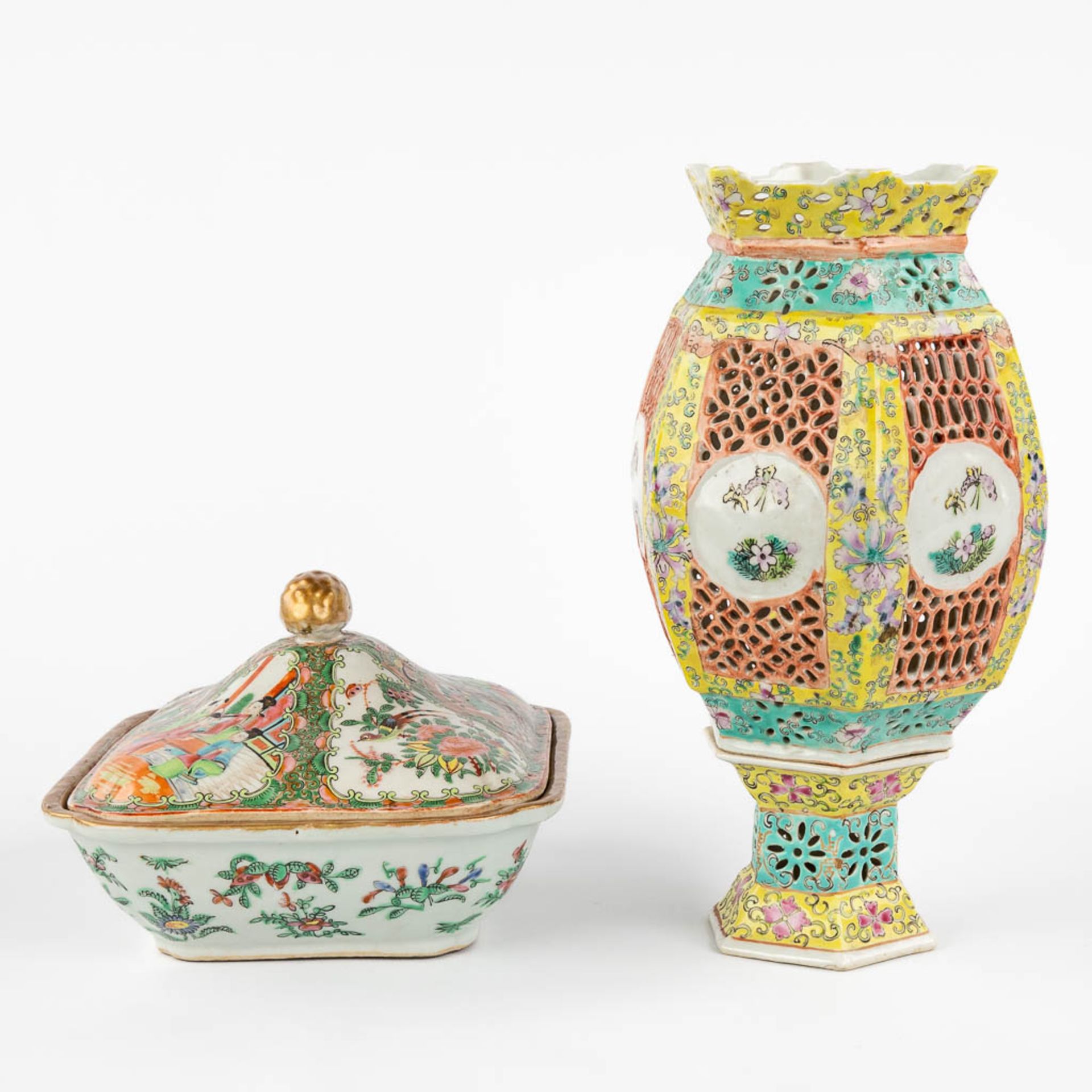 A bowl and table lamp, Canton and Famille Rose. 19th/20th C. (D:15 x W:18 x H:31 cm) - Bild 6 aus 14