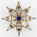 An antique hanging light fixture, decorated with stained glass in the shape of a star. (D:17 x W:42