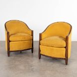 A pair of club sofa's with yellow suede leather upholstery, Art Deco. (D:67 x W:67 x H:85 cm)