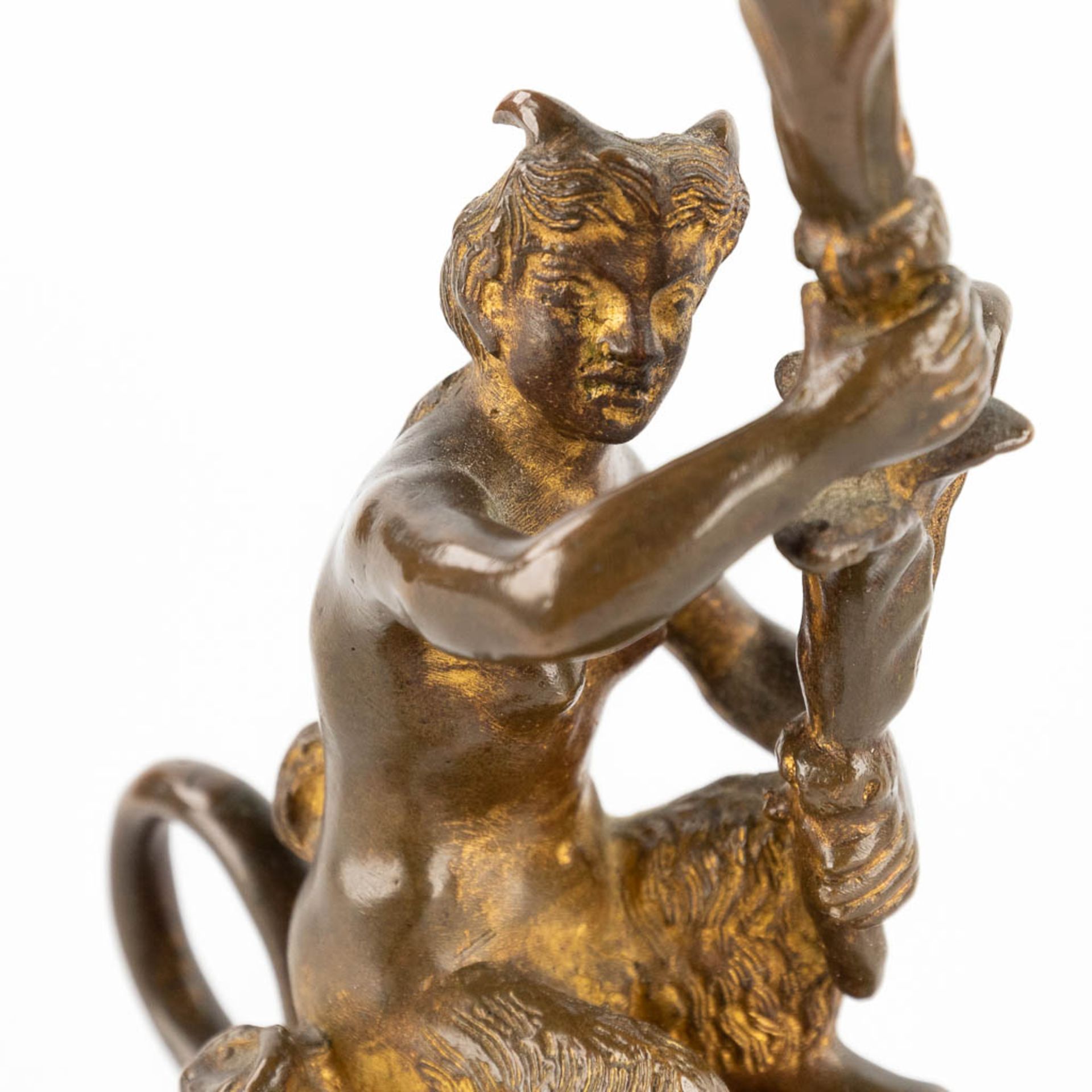 A pair of candlesticks with Satyr figurines, gilt bronze. 19th C. (D:7 x W:10 x H:17,5 cm) - Bild 9 aus 13
