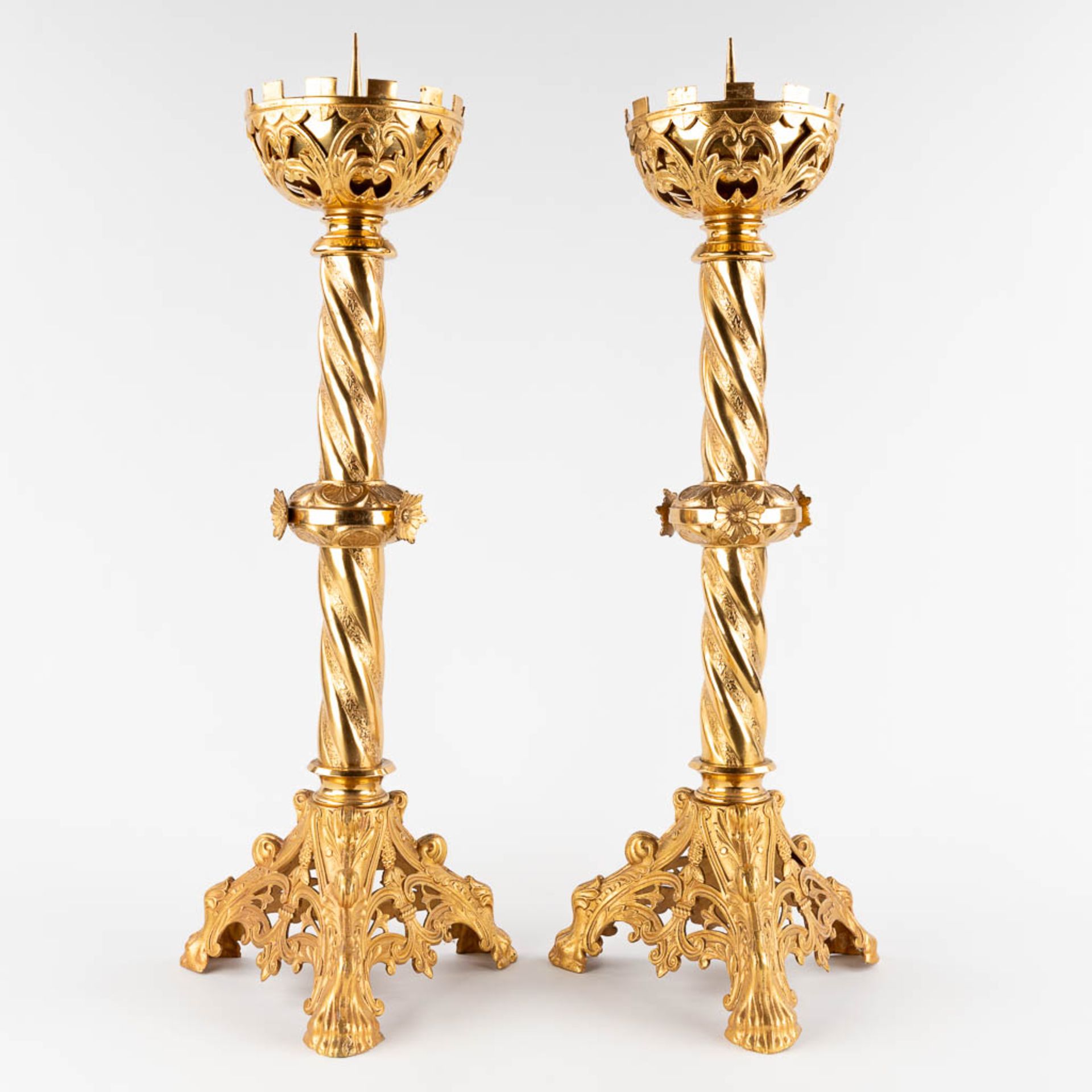 A pair of church candlesticks, gilt metal. (H:70 x D:24 cm) - Image 4 of 15