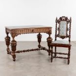 An antique payment table with a chair, sculptured wood. (D:75 x W:113 x H:77 cm)