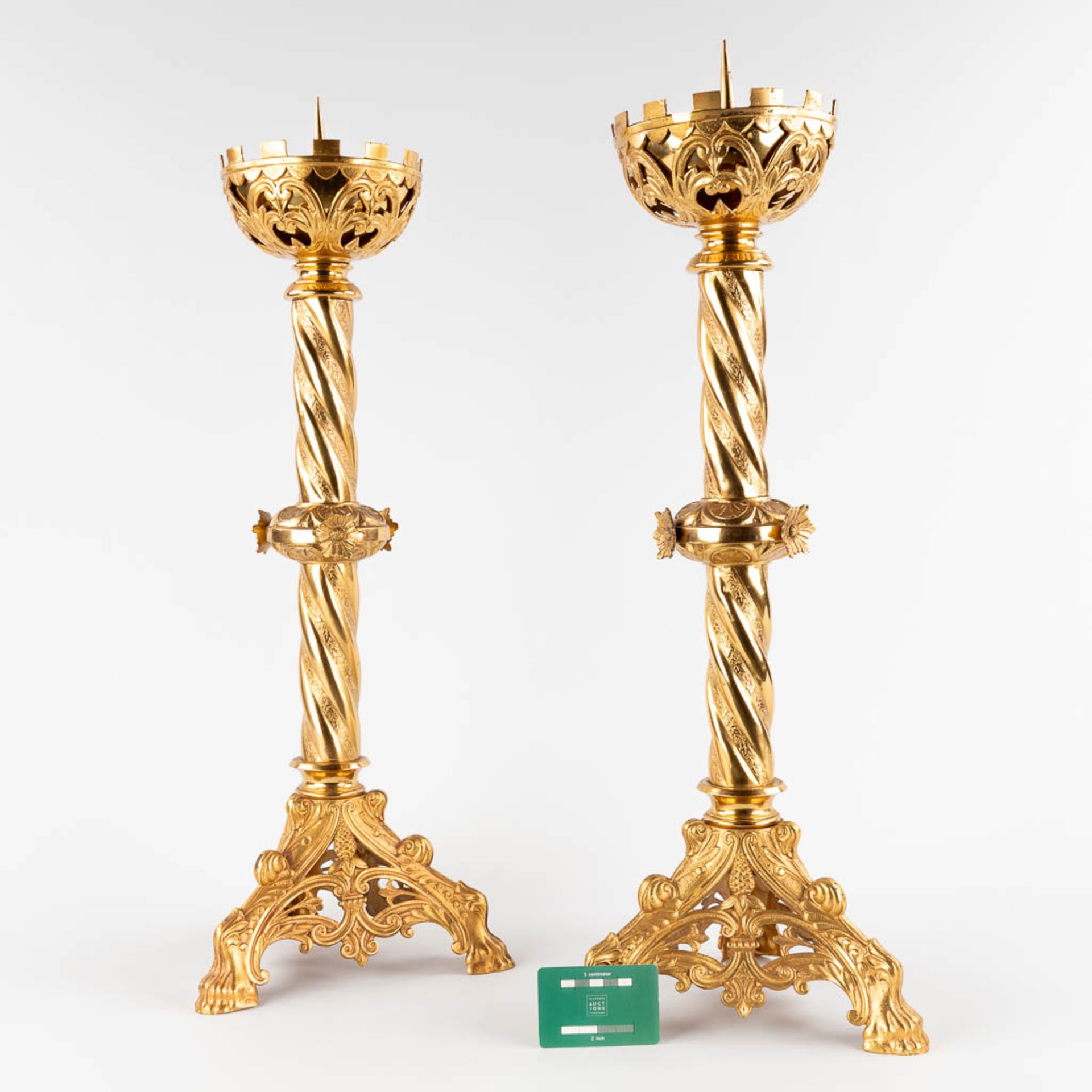 A pair of church candlesticks, gilt metal. (H:70 x D:24 cm) - Image 2 of 15