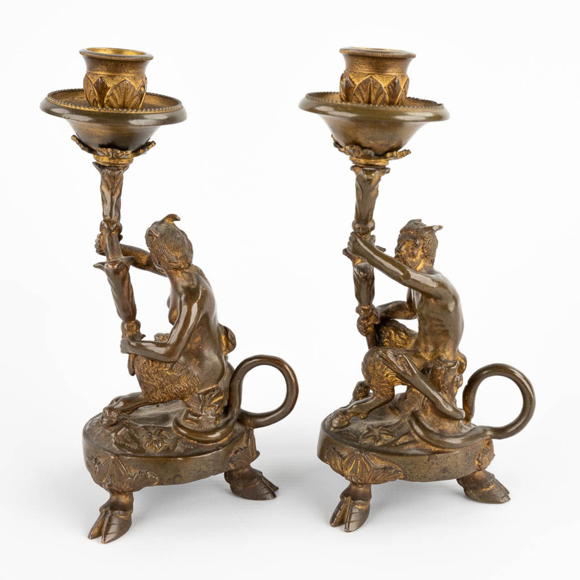 A pair of candlesticks with Satyr figurines, gilt bronze. 19th C. (D:7 x W:10 x H:17,5 cm) - Bild 5 aus 13