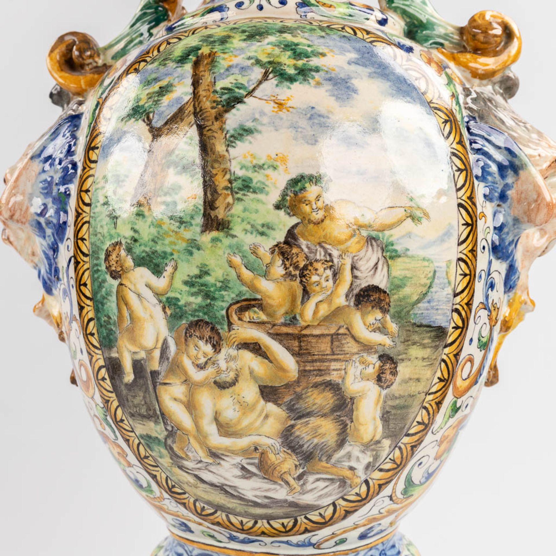 A pair of large vases, Italian Renaissance style, glazed faience. 20th C. (D:45 x W:45 x H:205 cm) - Image 12 of 31