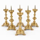 A set of 6 Chruch candlesticks, bronze finished with mythological figurines. (H:47 x D:18 cm)