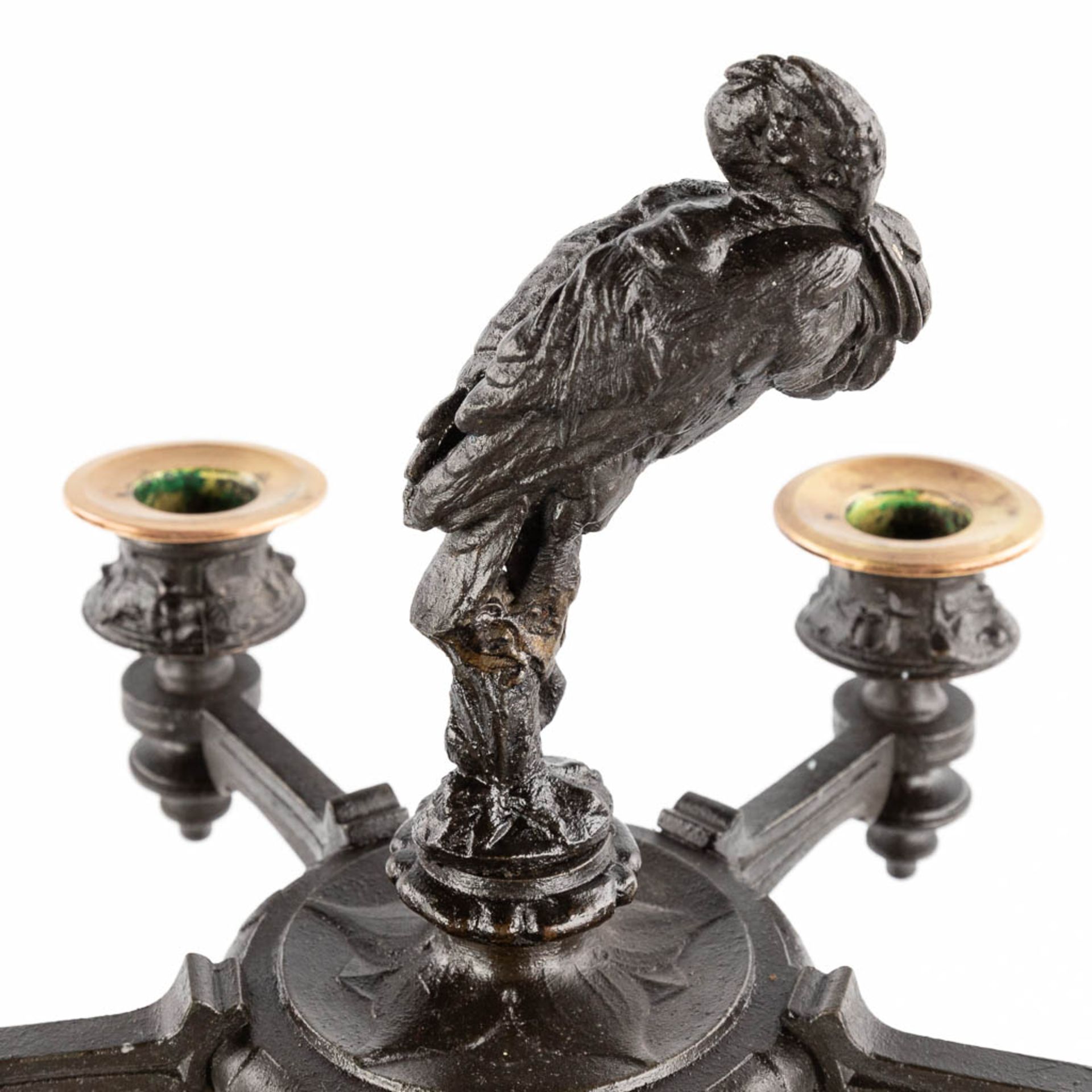 A pair of candelabra, bronze decorated with birds. 19th C. (H:56 x D:26 cm) - Image 6 of 12