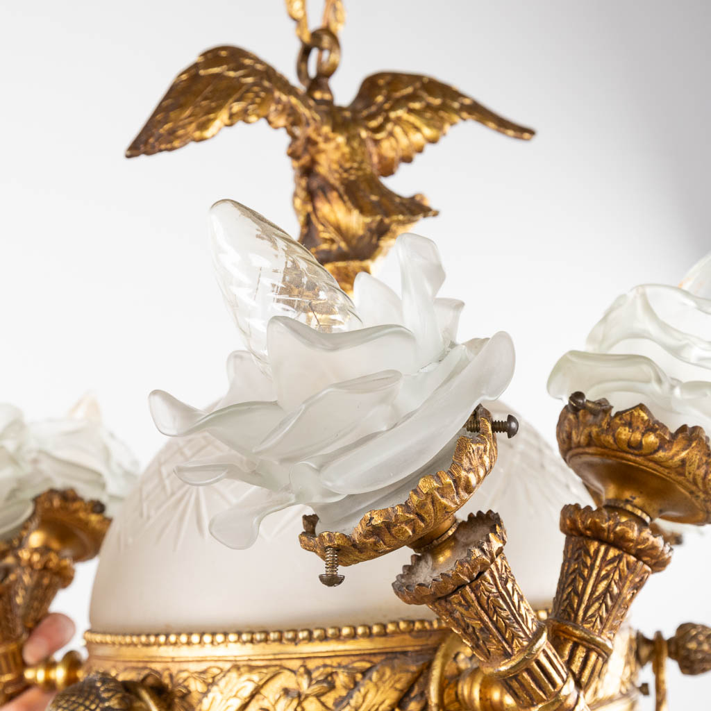 A chandelier, bronze mounted with glass and flambeaux and an eagle in Louis XVI style. (H:60 x D:44  - Bild 11 aus 12