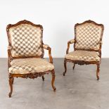 A pair of antique armchairs, probably beech wood, Louis XV style. 19th C. (D:68 x W:72 x H:110 cm)