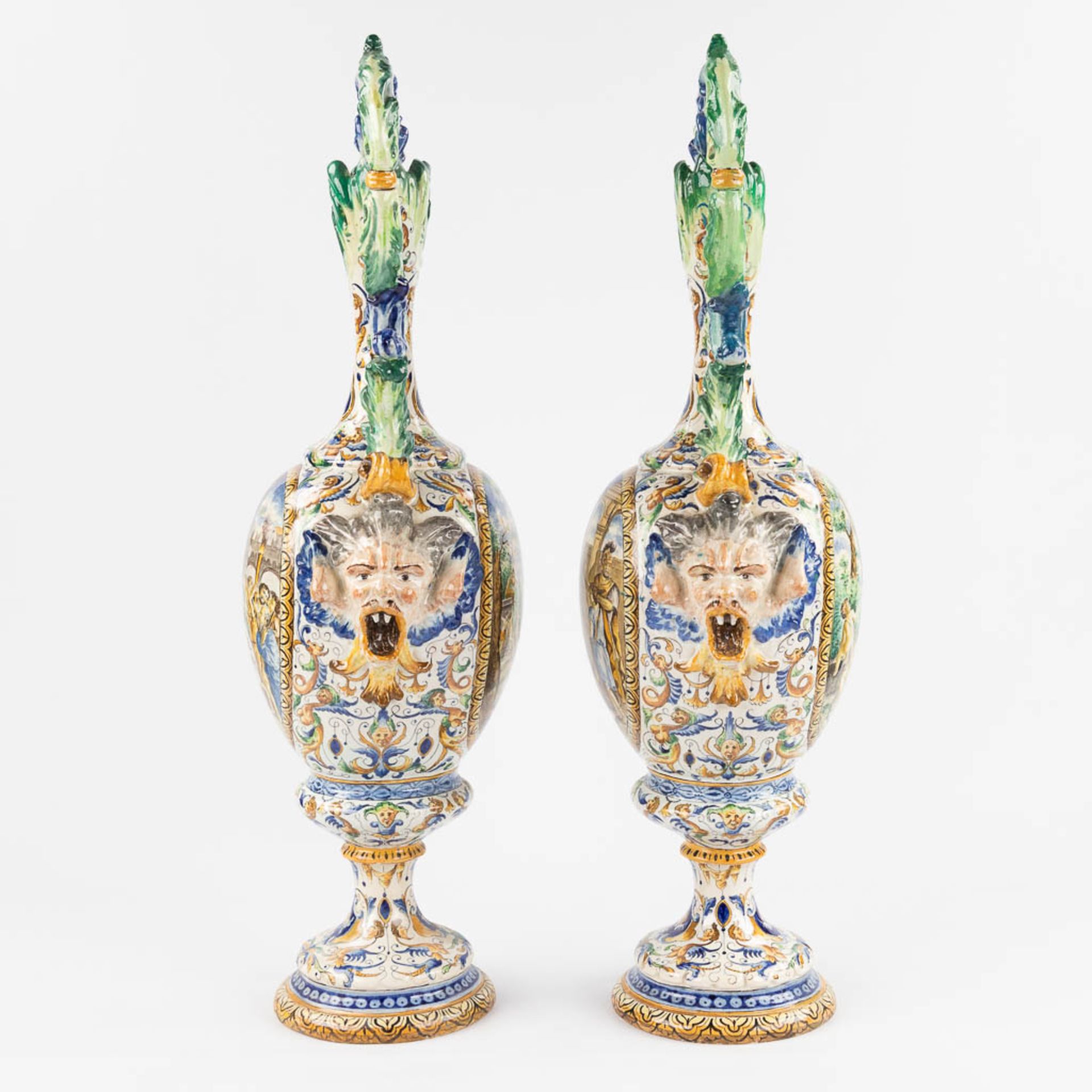 A pair of large vases, Italian Renaissance style, glazed faience. 20th C. (D:45 x W:45 x H:205 cm) - Image 6 of 31
