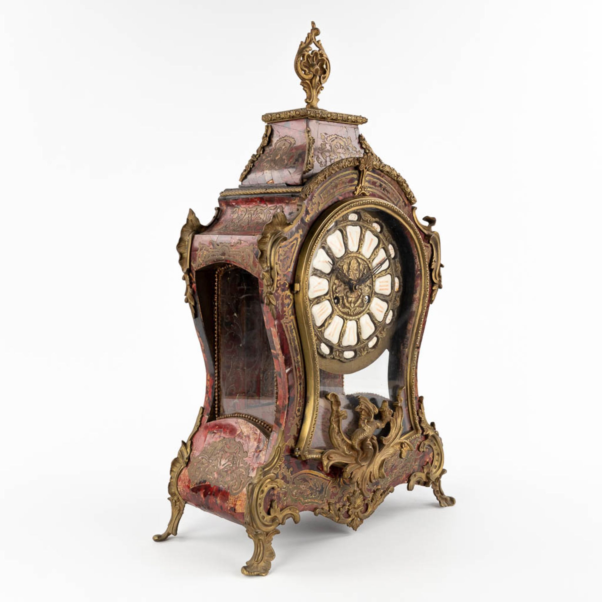 An antique mantle clock, tortoiseshell and copper inlay, early 20th C. (D:18 x W:38 x H:65 cm) - Bild 4 aus 15