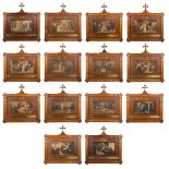 A large 14-piece station of the cross in gothic revival frames. Printed scènes. (W:88 x H:89 cm)