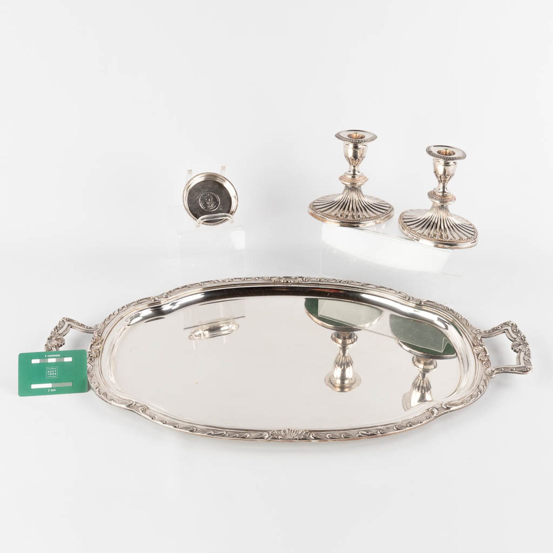 A silver-plated serving tray, two candlesticks and a bowl with Silver coin, One Rupee 1918. (D:37 x - Image 2 of 18