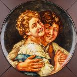 P. DELIN (XIX) 'Lovers' hand painted on a faience plate. Brussels, Belgium 1880. (D:47 cm)