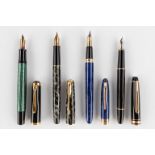 Four fountain pens with gold nib. Parker, Montblanc, Sheaffer and Pelikan. (D:14,5 cm)