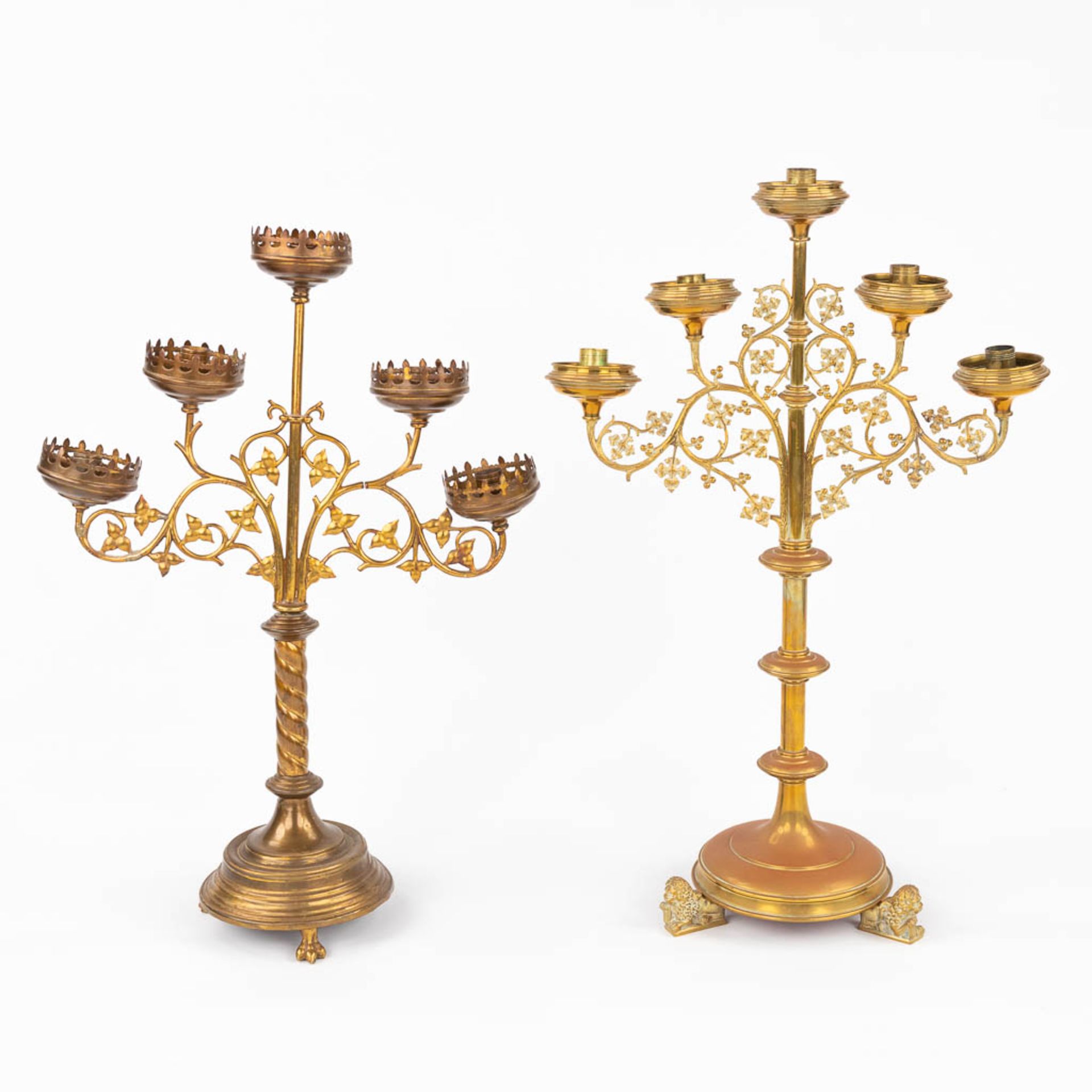 Four Church candlesticks, bronze in a gothic revival style. A pair and two singles. (D:18 x W:51 x H - Image 9 of 18