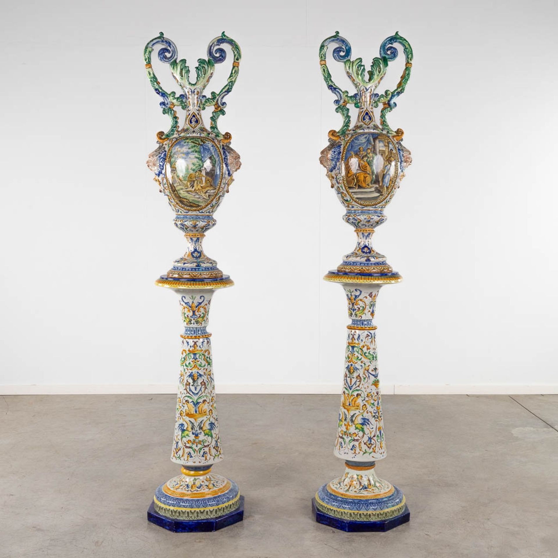 A pair of large vases, Italian Renaissance style, glazed faience. 20th C. (D:45 x W:45 x H:205 cm) - Image 26 of 31