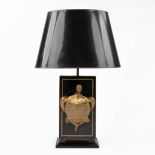 Mahenna, a mid-century table lamp with a bronze turtle, Hollywood Regency style. (D:35 x W:55 x H: 8