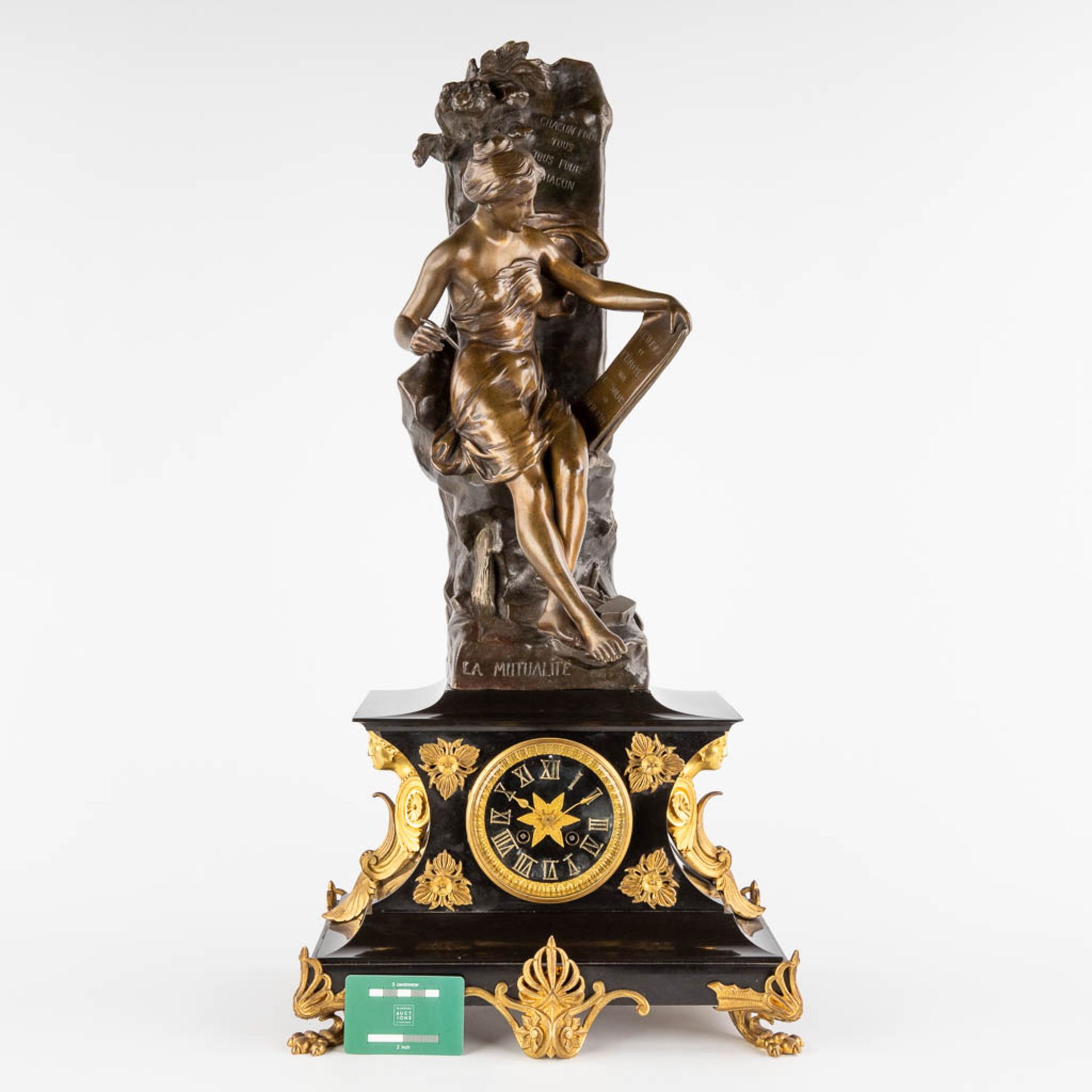 Emile PICAULT (1833-1915) 'La Mutualité', a mantle clock with patinated bronze figurine. 19th C. (D: - Image 2 of 18