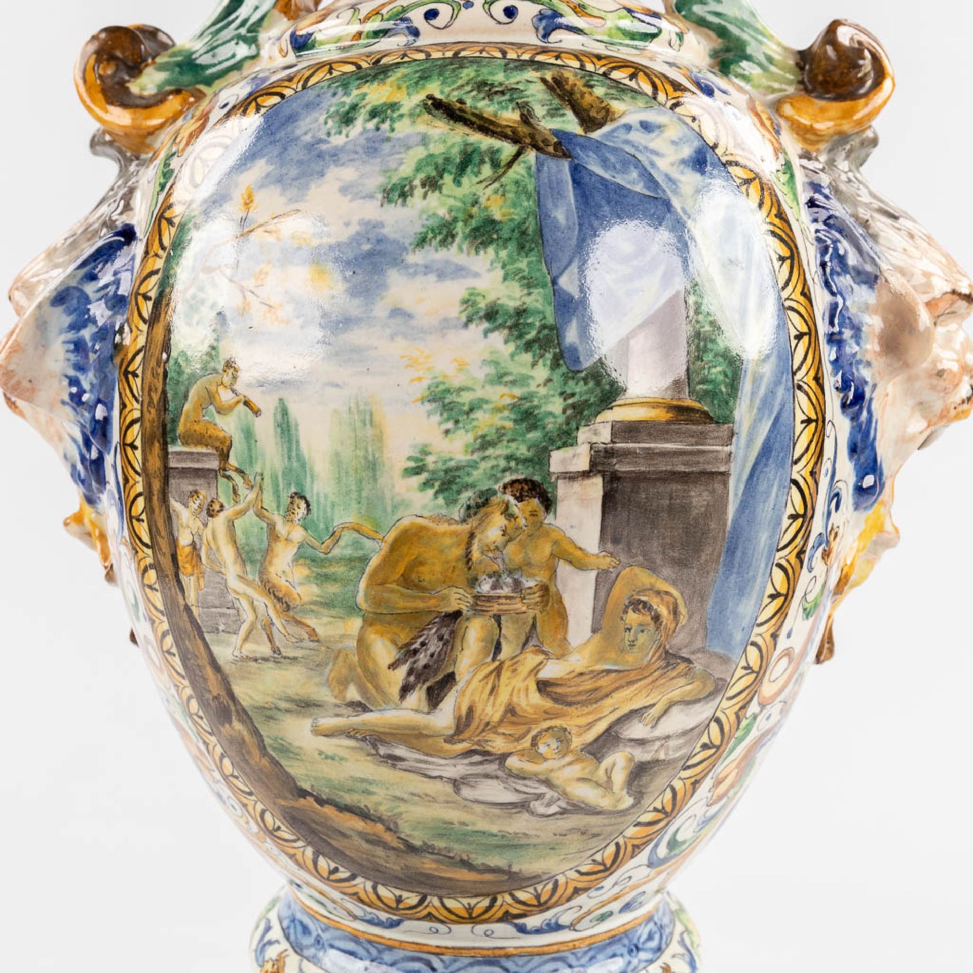 A pair of large vases, Italian Renaissance style, glazed faience. 20th C. (D:45 x W:45 x H:205 cm) - Image 23 of 31