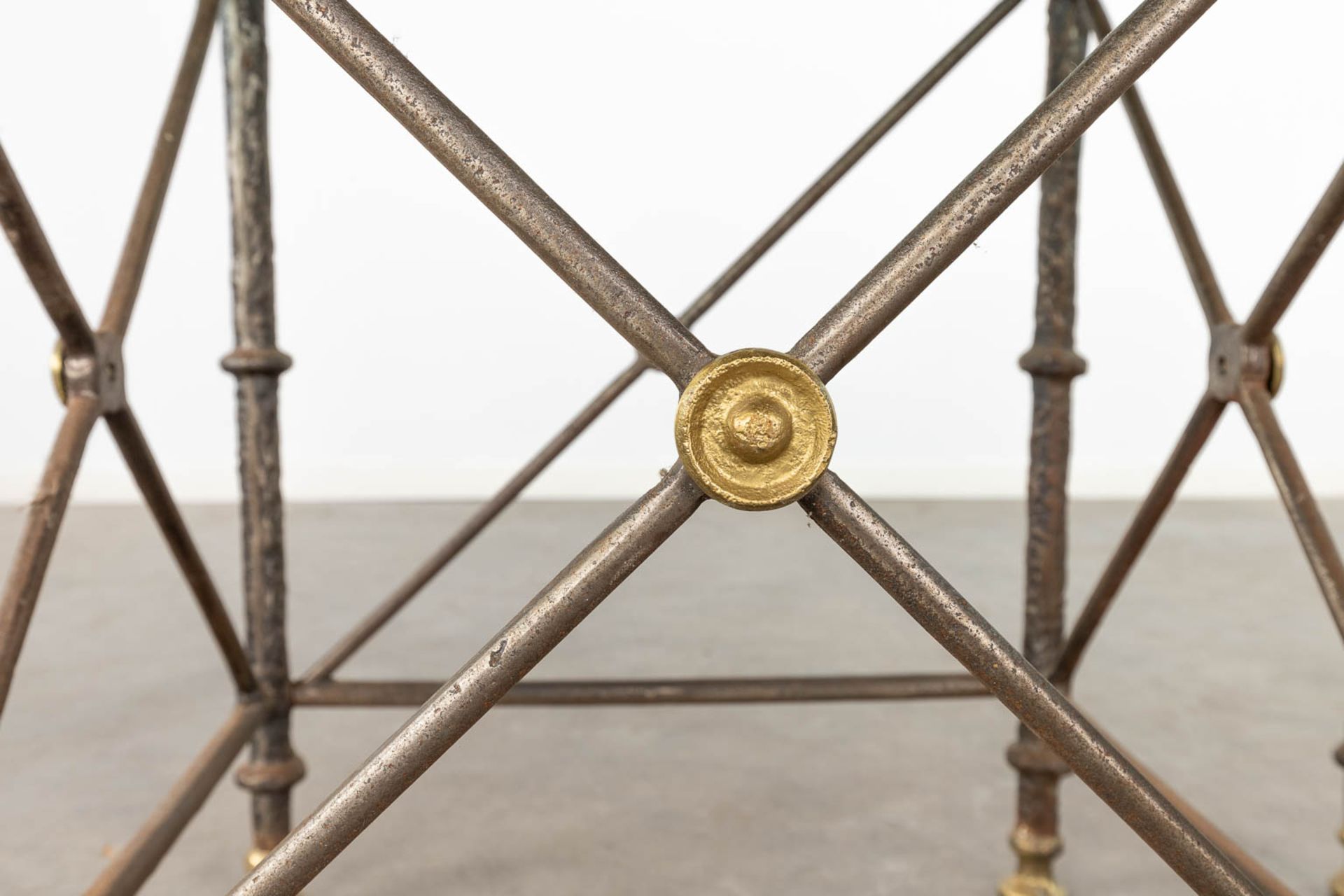 A table with large glass top and a wrought-iron and brass base. (D:120 x W:220 x H:74 cm) - Image 8 of 10