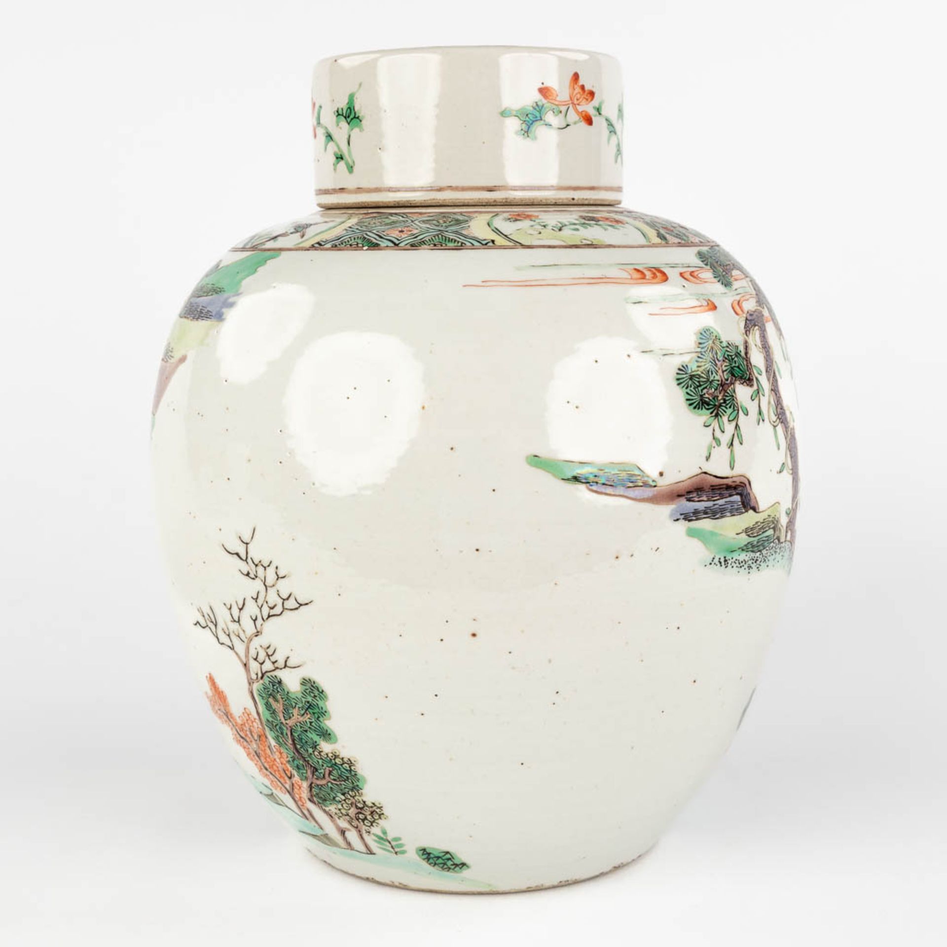 A Chinese Famille Verte Wucai vase, decorated with a deer in a landscape. (H:24,5 x D:19,5 cm) - Image 5 of 14