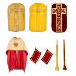 Three Roman Chasubles, Two stola, two pillows and a Humeral Veil. Thick gold thread embroideries.