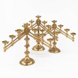 Three church candelabra with moveable arms, 7 candle holders, decor of fleur de lis. Gilt brass. (D: