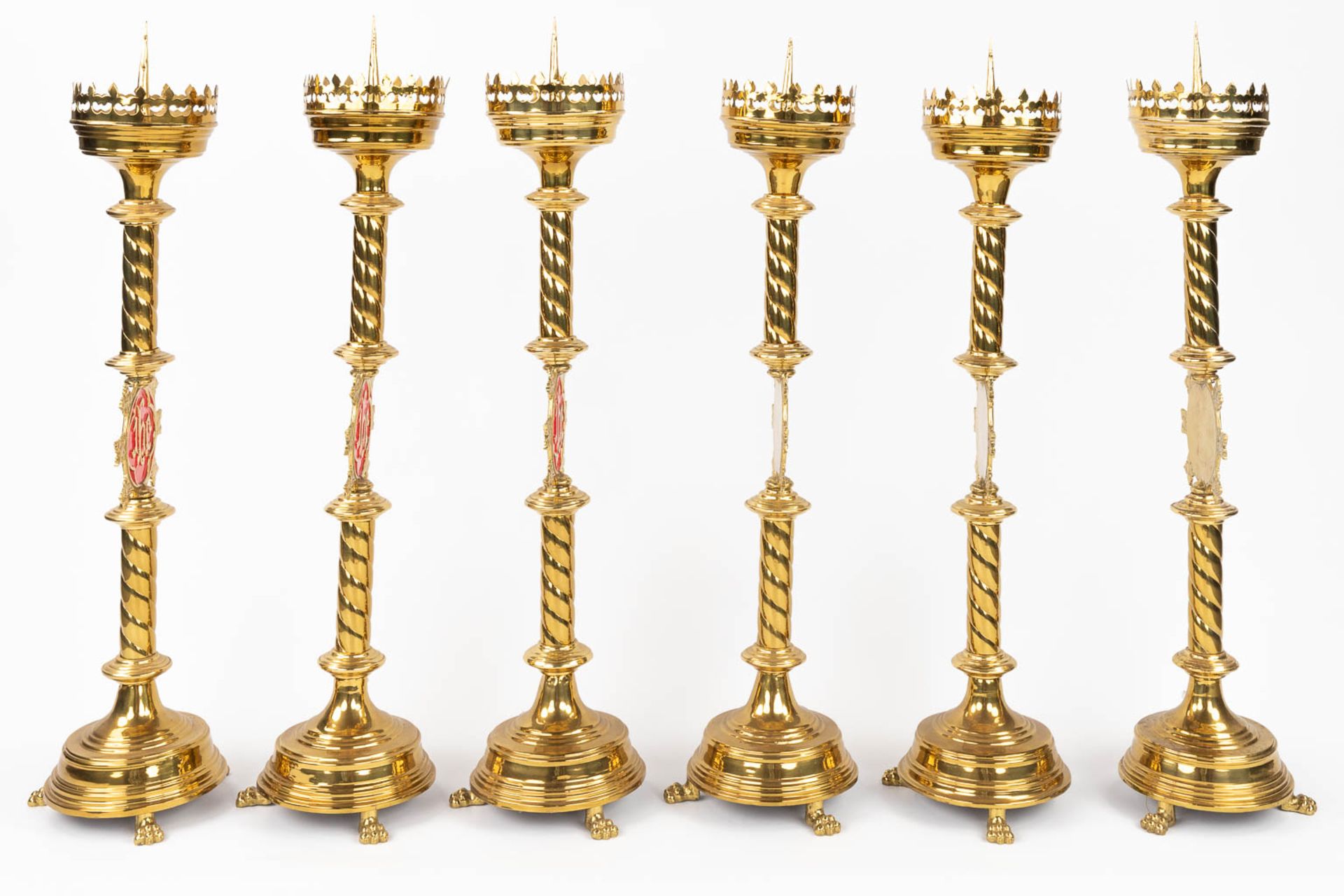 A set of 6 Church candlesticks with red IHS logo. (H:80 x D:20 cm) - Image 6 of 11