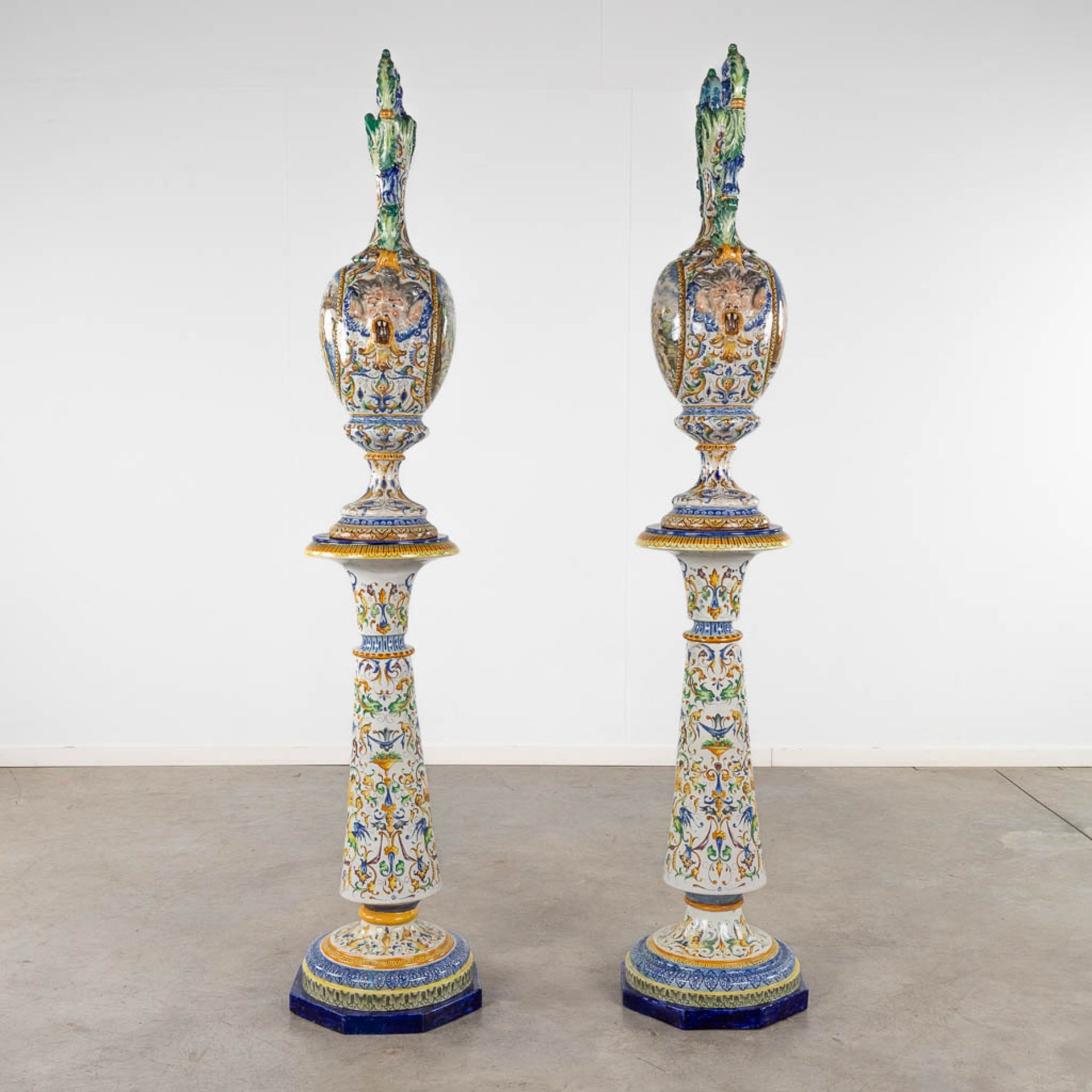 A pair of large vases, Italian Renaissance style, glazed faience. 20th C. (D:45 x W:45 x H:205 cm) - Image 25 of 31